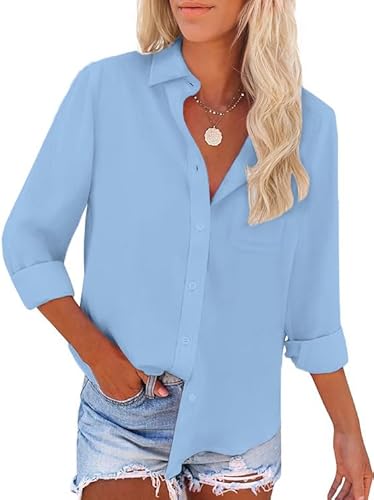 Friptspyg Bluse Damen Langarm Elegant Hemdbluse Lässiges Langbluse V-Ausschnitt Oversize Bluse Oberteile Tops mit Tasche,Himmelblau XXL von Friptspyg