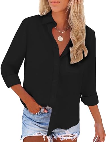 Friptspyg Bluse Damen Langarm Elegant Hemdbluse Lässiges Langbluse V-Ausschnitt Oversize Bluse Oberteile Tops mit Tasche,Schwarz XXL von Friptspyg