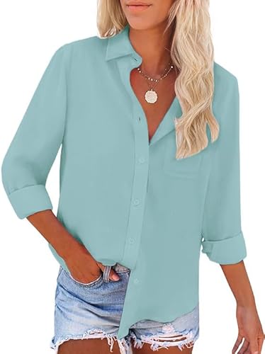 Friptspyg Bluse Damen Langarm Elegant Hemdbluse Lässiges Langbluse V-Ausschnitt Oversize Bluse Oberteile Tops mit Tasche,Seeblau S von Friptspyg