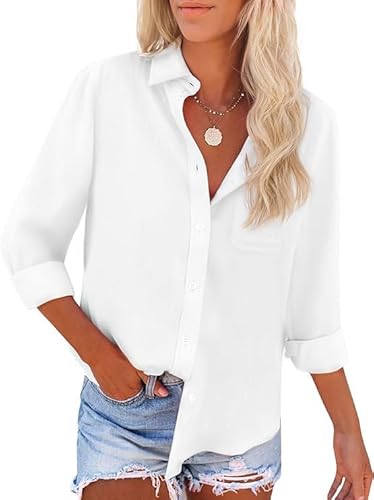 Friptspyg Bluse Damen Langarm Elegant Hemdbluse Lässiges Langbluse V-Ausschnitt Oversize Bluse Oberteile Tops mit Tasche,Weiß XL von Friptspyg