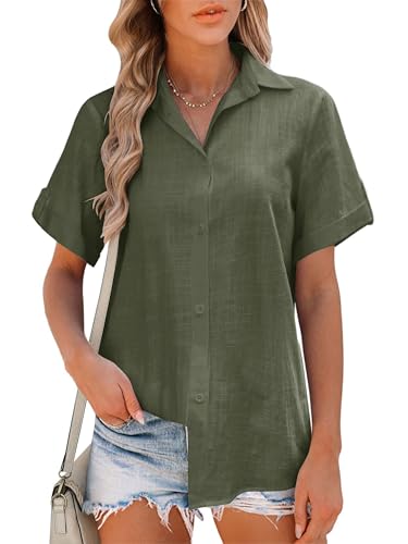 Friptspyg Bluse Damen Sommer Lässiges Kurzarm Hemdbluse V-Ausschnitt 100% Baumwolle Solide Blusenshirt Elegant Oberteile,Armee Grün XXL von Friptspyg