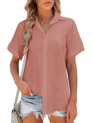 Friptspyg Bluse Damen Sommer Lässiges Kurzarm Hemdbluse V-Ausschnitt 100% Baumwolle Solide Blusenshirt Elegant Oberteile,Bohne Rot S von Friptspyg