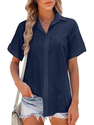 Friptspyg Bluse Damen Sommer Lässiges Kurzarm Hemdbluse V-Ausschnitt 100% Baumwolle Solide Blusenshirt Elegant Oberteile,Dunkelblau M von Friptspyg