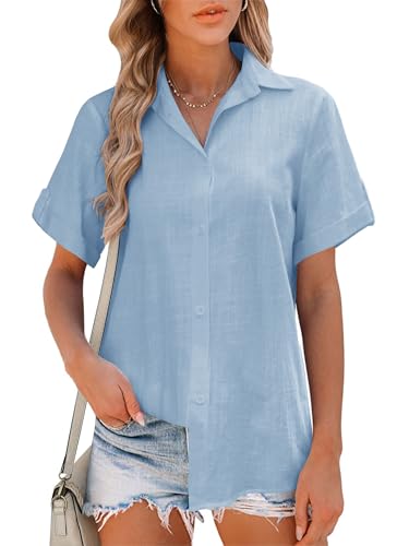 Friptspyg Bluse Damen Sommer Lässiges Kurzarm Hemdbluse V-Ausschnitt 100% Baumwolle Solide Blusenshirt Elegant Oberteile,Himmel Blau S von Friptspyg