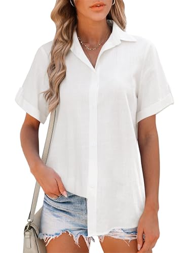 Friptspyg Bluse Damen Sommer Lässiges Kurzarm Hemdbluse V-Ausschnitt 100% Baumwolle Solide Blusenshirt Elegant Oberteile,Weiß L von Friptspyg