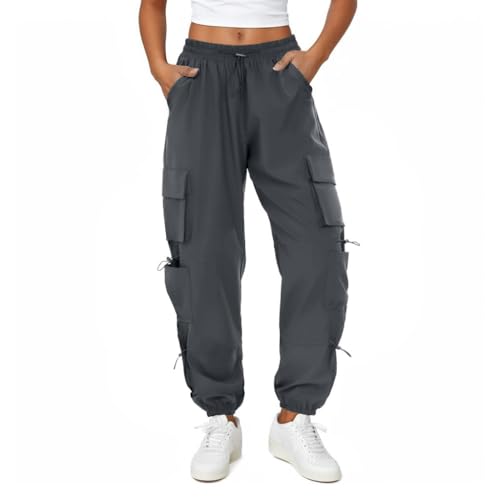 Friptspyg Cargohose Damen Leichter Trekkinghose mit Tasche Wanderhose Schnelltrocken Wasserdicht Einstellgurt Outdoor Hosen Sportlich Jogginghose, Grau L von Friptspyg