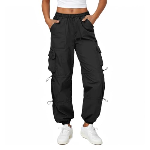 Friptspyg Cargohose Damen Leichter Trekkinghose mit Tasche Wanderhose Schnelltrocken Wasserdicht Einstellgurt Outdoor Hosen Sportlich Jogginghose, Schwarz S von Friptspyg