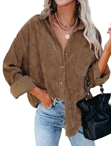 Friptspyg Cordjacke Damen Bluse Cordhemd Langarm Hemdjacke Lässiges Hemdbluse Oversized Button Down Corduroy Bluse Casual Blusen mit Tasche, Braun XL von Friptspyg