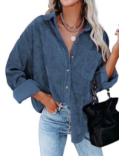 Friptspyg Cordjacke Damen Bluse Cordhemd Langarm Hemdjacke Lässiges Hemdbluse Oversized Button Down Corduroy Bluse Casual Blusen mit Tasche, Grau Blau XL Friptspyg Cordjacke Damen Bluse Cordhemd Langarm Hemdjacke Lässiges Hemdbluse Oversized Button Down Corduroy Bluse Casual Blusen mit Tasche, Grau Blau XL von Friptspyg