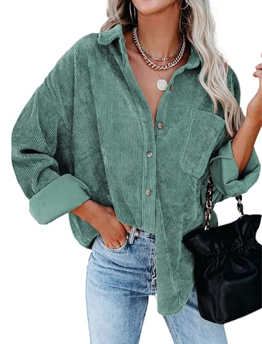 Friptspyg Cordjacke Damen Bluse Cordhemd Langarm Hemdjacke Lässiges Hemdbluse Oversized Button Down Corduroy Bluse Casual Blusen mit Tasche, Grau Grün M Friptspyg Cordjacke Damen Bluse Cordhemd Langarm Hemdjacke Lässiges Hemdbluse Oversized Button Down Corduroy Bluse Casual Blusen mit Tasche, Grau Grün M von Friptspyg