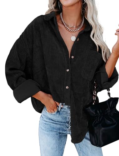 Friptspyg Cordjacke Damen Bluse Cordhemd Langarm Hemdjacke Lässiges Hemdbluse Oversized Button Down Corduroy Bluse Casual Blusen mit Tasche, Schwarz XL von Friptspyg