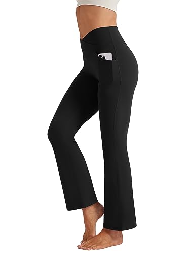 Friptspyg Hose Damen Flared Leggings V High Waist Schlaghose Elegant Jogginghose Stretch Yogahose mit Taschen Sporthose, Schwarz 2XL von Friptspyg
