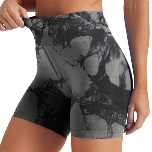 Friptspyg Damen Gym Shorts Booty Scrunch Radlerhose Kurz High Wasit Sport Shorts Nahtlose Workout Fitness Laufen Sportleggings, Krawatte Gefärbt Grau M von Friptspyg