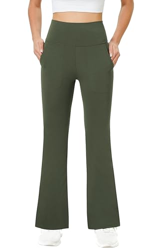 Friptspyg Damen Hose mit Taschen Casual Arbeit Hose High Waist Yogahose Stretch Jogginghose Bootcut Sporthose Freizeit Yoga Pants, Armee Grün L von Friptspyg