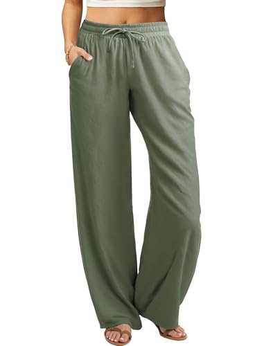 Friptspyg Damen Hosen Leicht Weite Hose mit Geradem Bein Sommerhose Kordelzug Freizeithose Einfarbig Lockere Hosen mit Taschen, Armee Grün L von Friptspyg
