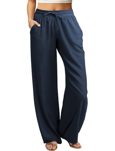 Friptspyg Damen Hosen Leicht Weite Hose mit Geradem Bein Sommerhose Kordelzug Freizeithose Einfarbig Lockere Hosen mit Taschen, Dunkelblau M von Friptspyg