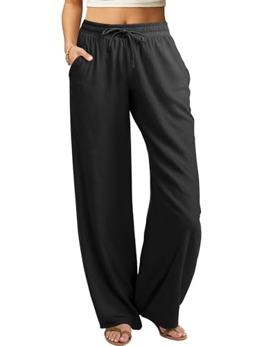 Friptspyg Damen Hosen Leicht Weite Hose mit Geradem Bein Sommerhose Kordelzug Freizeithose Einfarbig Lockere Hosen mit Taschen, Schwarz XXL von Friptspyg