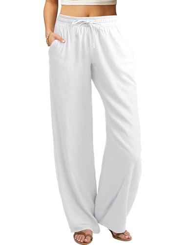 Friptspyg Damen Hosen Leicht Weite Hose mit Geradem Bein Sommerhose Kordelzug Freizeithose Einfarbig Lockere Hosen mit Taschen, Weiß L von Friptspyg