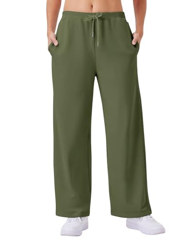 Friptspyg Damen Hosen mit Taschen Jogginghose Fitness Freizeithose Weites Bein Sweatpants mit Elastische Gürtel Drawstring, Armee Grün L von Friptspyg