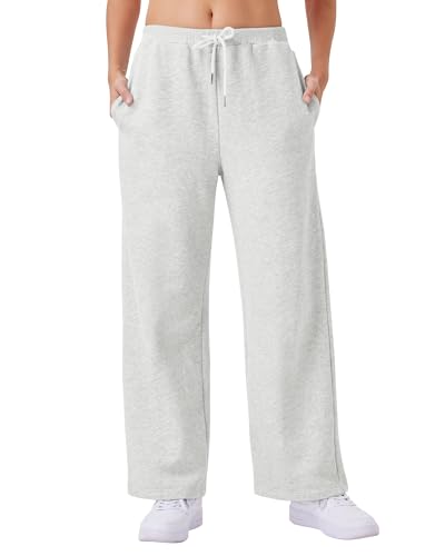 Friptspyg Damen Hosen mit Taschen Jogginghose Fitness Freizeithose Weites Bein Sweatpants mit Elastische Gürtel Drawstring, Hellgrau S von Friptspyg