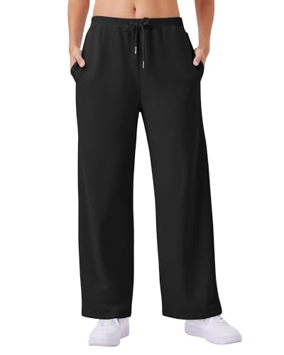 Friptspyg Damen Hosen mit Taschen Jogginghose Fitness Freizeithose Weites Bein Sweatpants mit Elastische Gürtel Drawstring, Schwarz L von Friptspyg