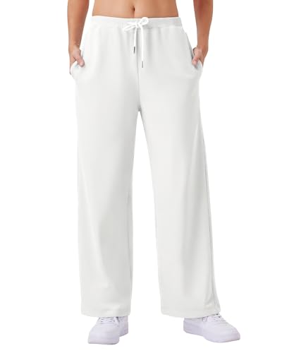 Friptspyg Damen Hosen mit Taschen Jogginghose Fitness Freizeithose Weites Bein Sweatpants mit Elastische Gürtel Drawstring, Weiß XL von Friptspyg