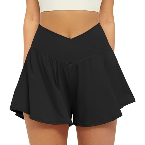 Friptspyg Hosenrock Damen Kurze Sporthose Damen Sport Shorts Kurz Laufshorts 2 in 1 mit Tasche V High Waist Sommer Stretch Tennis Shorts, Schwarz XXL von Friptspyg