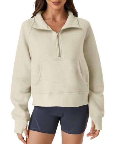 Friptspyg Damen Sweatshirts Warm Langarm Winter Pullover mit Viertel-Reißverschluss und Groß Tasche, Khaki L von Friptspyg