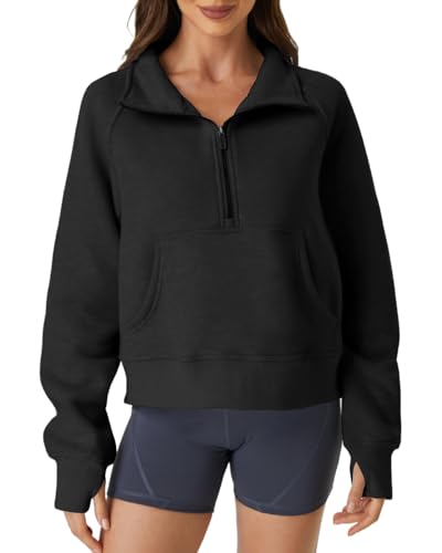 Friptspyg Damen Sweatshirts Warm Langarm Winter Pullover mit Viertel-Reißverschluss und Groß Tasche, Schwarz M von Friptspyg