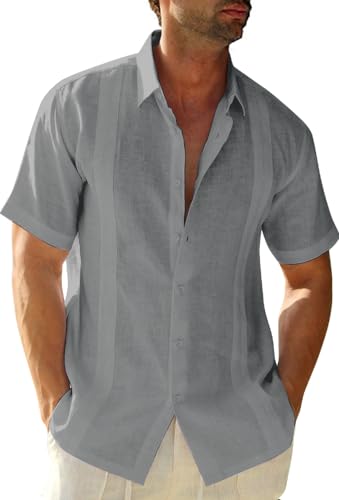 Friptspyg Herren Leinenhemd Kurzarm Hemd Button Down Regular Fit Freizeithemden für Herren Sommerhemd Casual Strandhemd Guayabera Kuba Camp Oberteile, Dunkelgrau 3XL von Friptspyg