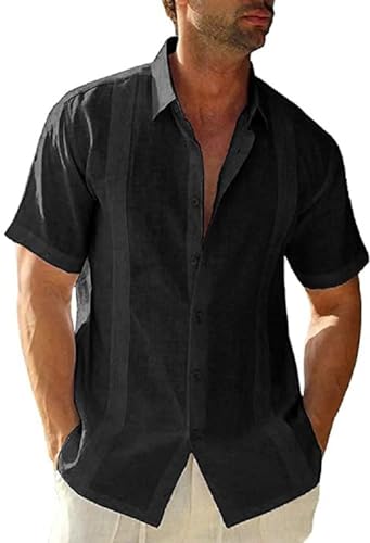 Friptspyg Herren Leinenhemd Kurzarm Hemd Button Down Regular Fit Freizeithemden für Herren Sommerhemd Casual Strandhemd Guayabera Kuba Camp Oberteile, Schwarz XL von Friptspyg