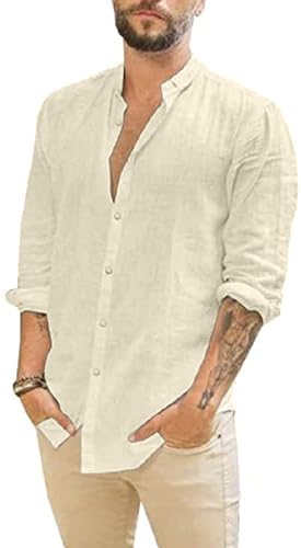 Friptspyg Herren Hemd Langarm Leinenhemd Button Down Freizeithemden für Herren Casual Regular Fit Shirt Sommer Strandhemd, Beige L von Friptspyg