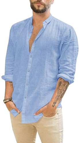 Friptspyg Leinenhemd Herren Hemd Langarm Baumwolle Leinen Hemden Button-Down Freizeithemden Casual Regular Fit Sommerhemd, Himmelblau 2XL von Friptspyg