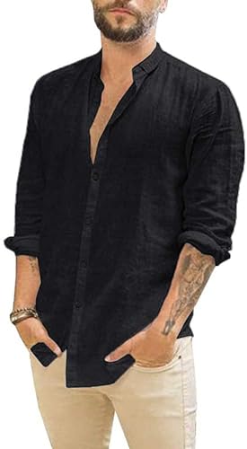 Friptspyg Leinenhemd Herren Hemd Langarm Baumwolle Leinen Hemden Button-Down Freizeithemden Casual Regular Fit Sommerhemd, Schwarz 2XL von Friptspyg