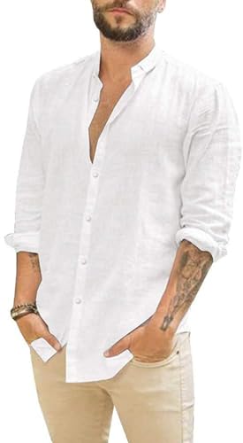 Friptspyg Leinenhemd Herren Hemd Langarm Baumwolle Leinen Hemden Button-Down Freizeithemden Casual Regular Fit Sommerhemd, Weiß 2XL von Friptspyg