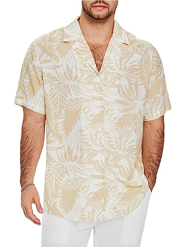 Friptspyg Herren Kurzarmhemd Baumwolle Leinenhemd Sommer Hemd Männer Lässig Freizeit Funky Hawaiihemd Loose Fit Strand Hemden, Gelb-Weiß 2XL von Friptspyg