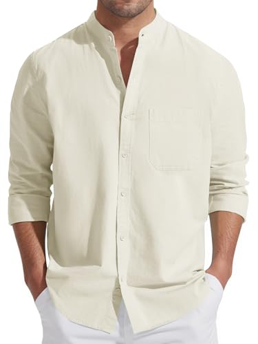 Friptspyg Herren Leinen Hemden Langarm Baumwolle Leinenhemd Stehkragen Sommer Hemd Regular Fit Freizeithemden Strand Hemden mit Tasche, Beige XL von Friptspyg