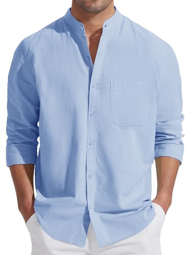 Friptspyg Herren Leinen Hemden Langarm Baumwolle Leinenhemd Stehkragen Sommer Hemd Regular Fit Freizeithemden Strand Hemden mit Tasche, Himmelblau 3XL von Friptspyg