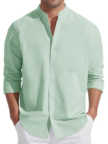 Friptspyg Herren Leinen Hemden Langarm Baumwolle Leinenhemd Stehkragen Sommer Hemd Regular Fit Freizeithemden Strand Hemden mit Tasche, Mintgrün XL von Friptspyg