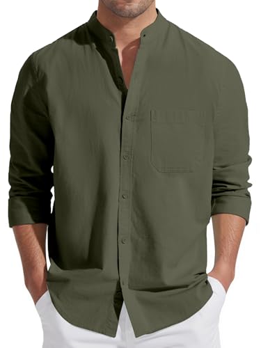 Friptspyg Herren Leinen Hemden Langarm Baumwolle Leinenhemd Stehkragen Sommer Hemd Regular Fit Freizeithemden Strand Hemden mit Tasche, Olivgrün L von Friptspyg