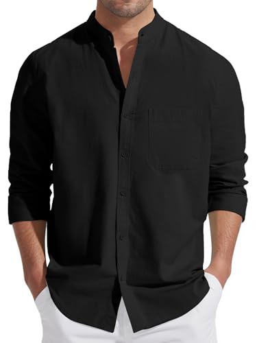 Friptspyg Herren Leinen Hemden Langarm Baumwolle Leinenhemd Stehkragen Sommer Hemd Regular Fit Freizeithemden Strand Hemden mit Tasche, Schwarz XL von Friptspyg