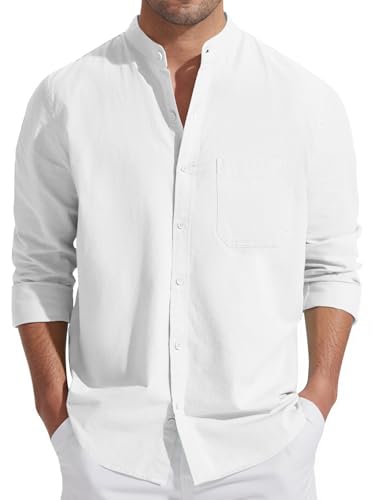 Friptspyg Herren Leinen Hemden Langarm Baumwolle Leinenhemd Stehkragen Sommer Hemd Regular Fit Freizeithemden Strand Hemden mit Tasche, Weiß S von Friptspyg
