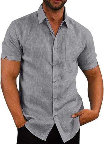 Friptspyg Leinenhemd Herren Hemd Kruzarm Baumwolle Leinen Hemden Regular Fit Freizeithemden Sommer Kurzarmhemd Casual Strandhemd mit Tasche, Dunkelgrau XL von Friptspyg