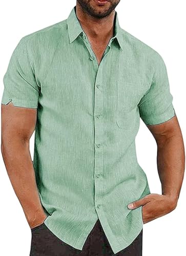 Friptspyg Herren Leinenhemd Kruzarm Hemd Button Down Regular Fit Freizeithemden für Herren Strandhemd Casual Sommerhemd mit Tasche, Mintgrün S von Friptspyg