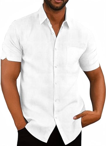 Friptspyg Leinenhemd Herren Hemd Kruzarm Baumwolle Leinen Hemden Regular Fit Freizeithemden Sommer Kurzarmhemd Casual Strandhemd mit Tasche, Weiß M von Friptspyg