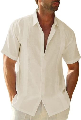 Friptspyg Herren Leinenhemd Kurzarm Hemd Button Down Regular Fit Freizeithemden für Herren Sommerhemd Casual Strandhemd Guayabera Kuba Camp Oberteile, Beige S von Friptspyg