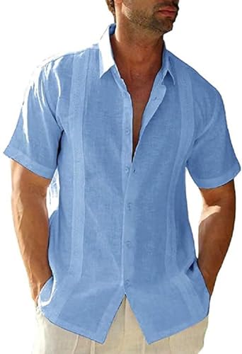 Friptspyg Herren Leinenhemd Kurzarm Hemd Button Down Regular Fit Freizeithemden für Herren Sommerhemd Casual Strandhemd Guayabera Kuba Camp Oberteile, Himmelblau S von Friptspyg