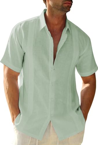 Friptspyg Herren Leinenhemd Kurzarm Hemd Button Down Regular Fit Freizeithemden für Herren Sommerhemd Casual Strandhemd Guayabera Kuba Camp Oberteile, Mintgrün 2XL von Friptspyg