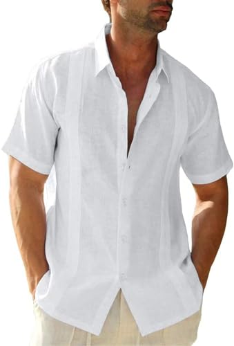 Friptspyg Herren Leinenhemd Kurzarm Hemd Button Down Regular Fit Freizeithemden für Herren Sommerhemd Casual Strandhemd Guayabera Kuba Camp Oberteile, Weiß 2XL von Friptspyg