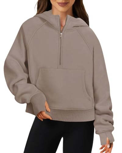 Friptspyg Hoodie Damen Kapuzenpullover aus Samt Langarm Winter Pullover mit Viertel-Reißverschluss und Große Tasche, Hellbraun S von Friptspyg